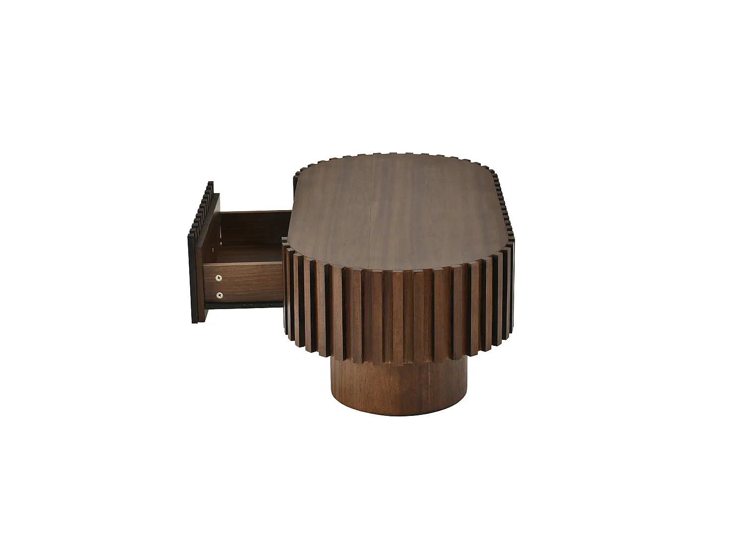 Oval coffee table 100 x 50 x 35.5 cm - With 1 drawer - Decorative design with vertical slats - Walnut effect finish - Brown