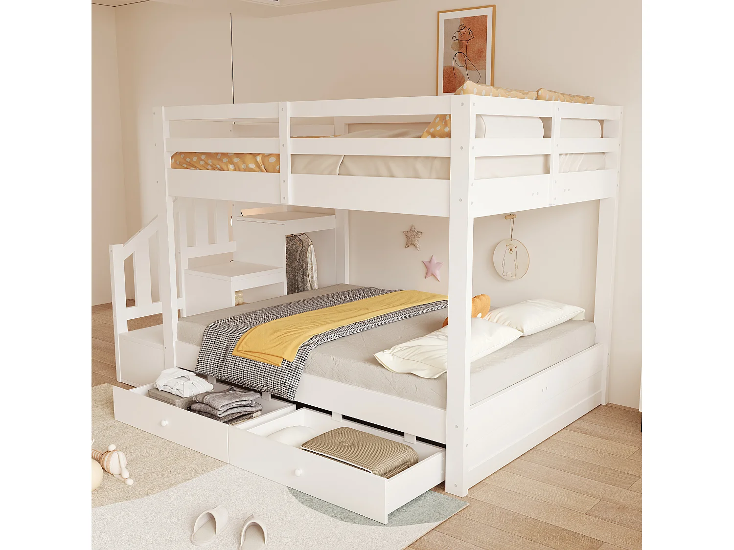 Massivholz-Etagenbett 140 x 200 cm – mit Stauraumtreppe, Sicherheitsgittern und 2 Schubladen – Weiß (Matratze nicht enthalten)