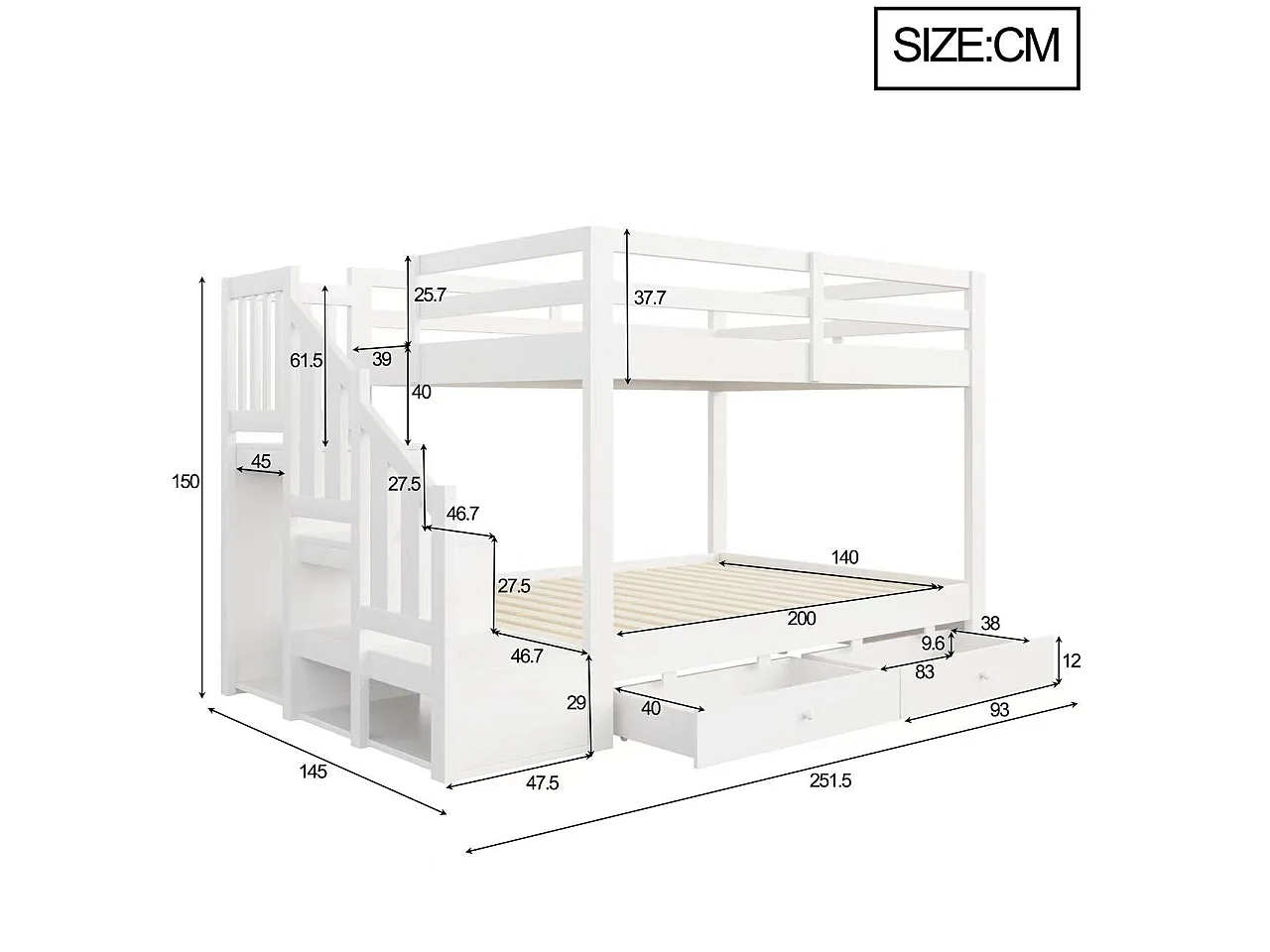 Massivholz-Etagenbett 140 x 200 cm – mit Stauraumtreppe, Sicherheitsgittern und 2 Schubladen – Weiß (Matratze nicht enthalten)