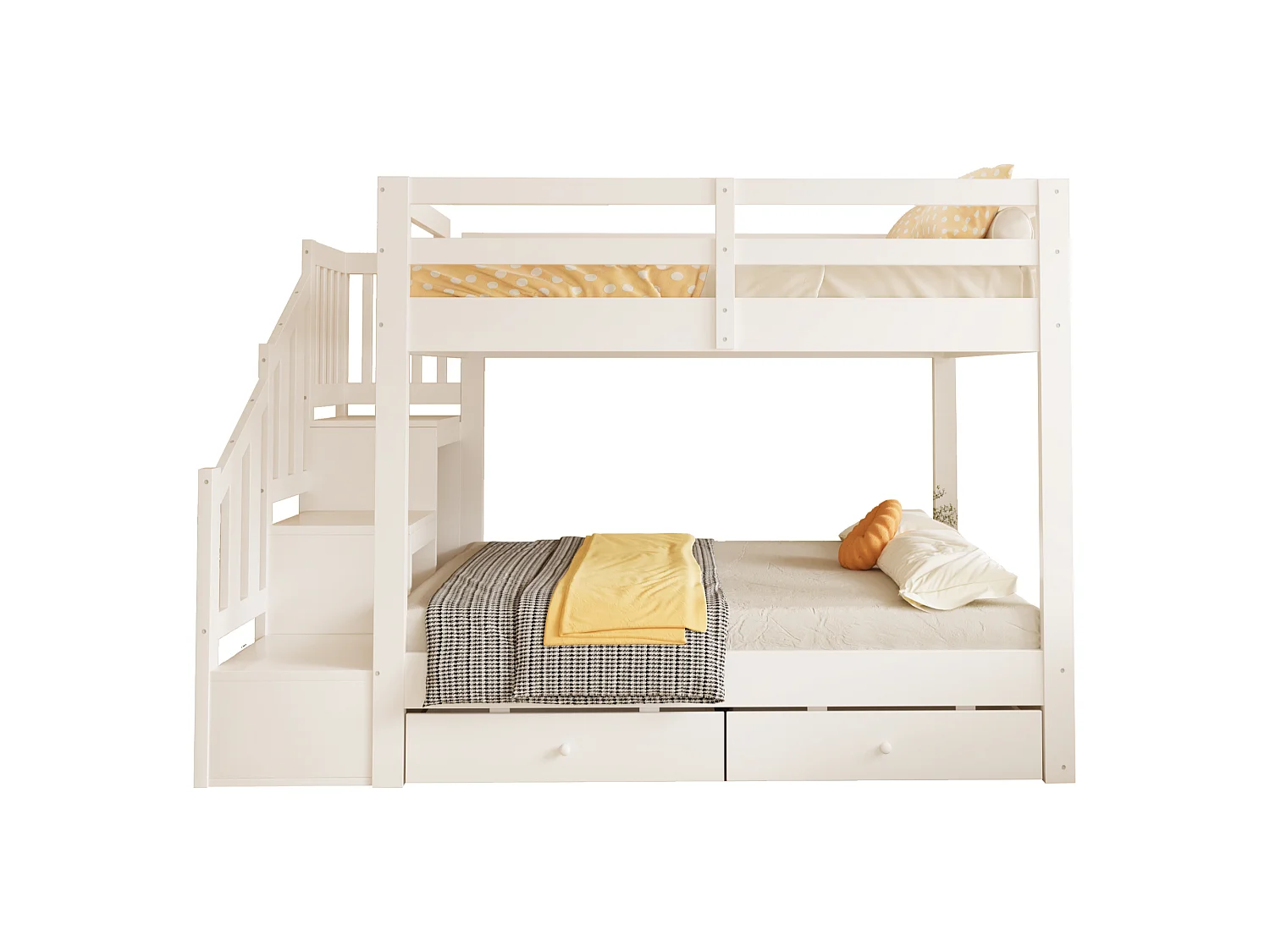Massivholz-Etagenbett 140 x 200 cm – mit Stauraumtreppe, Sicherheitsgittern und 2 Schubladen – Weiß (Matratze nicht enthalten)