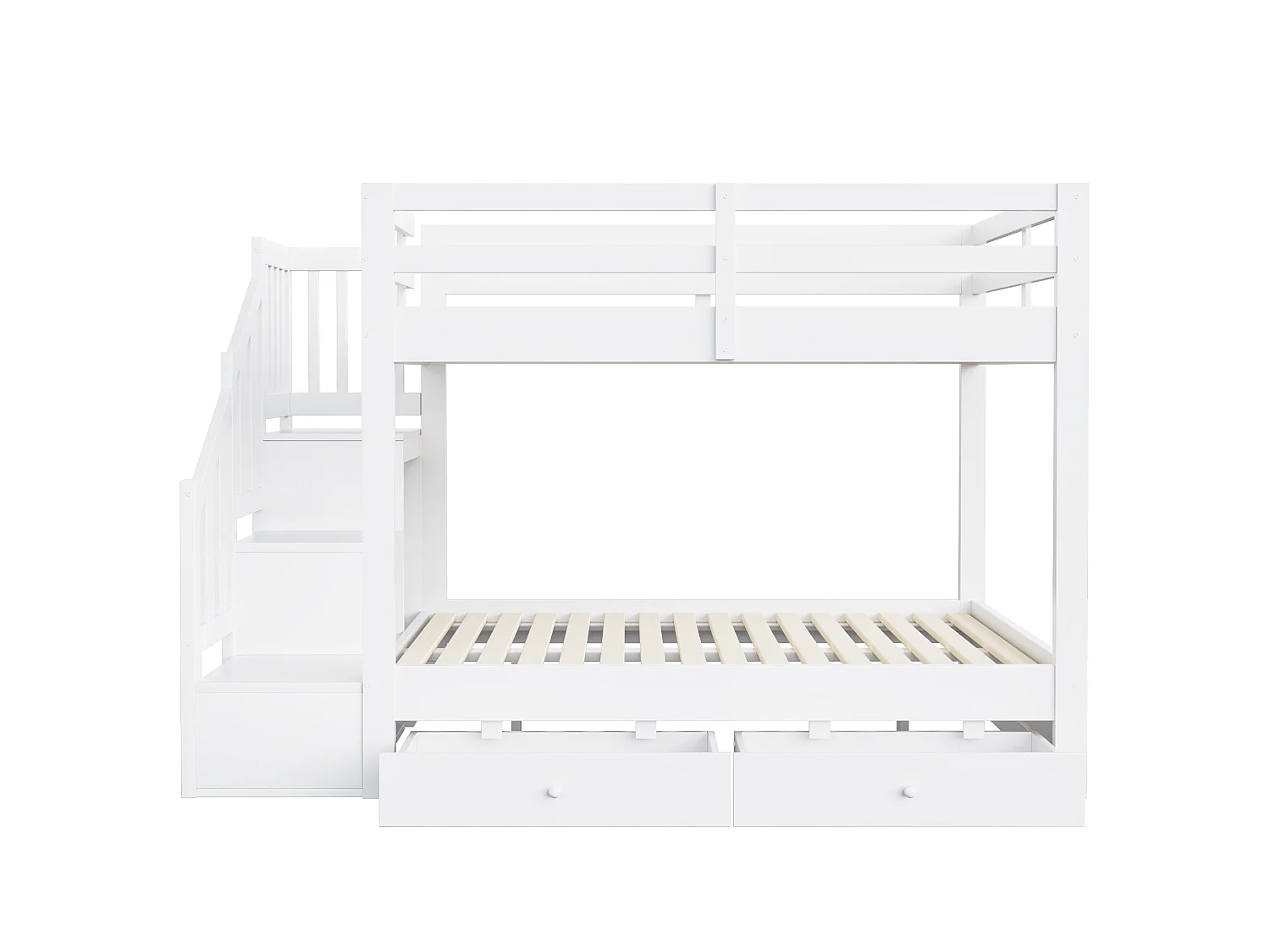 Massivholz-Etagenbett 140 x 200 cm – mit Stauraumtreppe, Sicherheitsgittern und 2 Schubladen – Weiß (Matratze nicht enthalten)