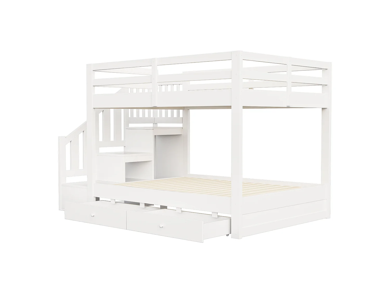 Massivholz-Etagenbett 140 x 200 cm – mit Stauraumtreppe, Sicherheitsgittern und 2 Schubladen – Weiß (Matratze nicht enthalten)