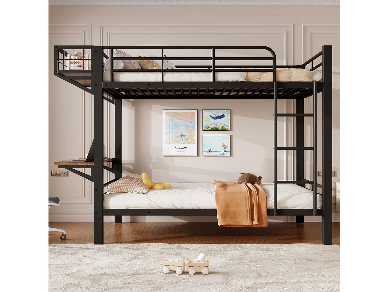 Etagenbett 90 x 200 cm – mit Schreibtisch – mit Sicherheitsgittern – mit Leiter – schwarz (Matratze nicht enthalten)