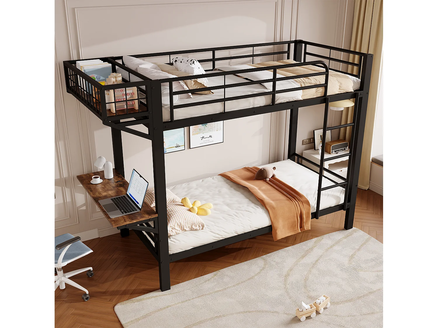 Etagenbett 90 x 200 cm – mit Schreibtisch – mit Sicherheitsgittern – mit Leiter – schwarz (Matratze nicht enthalten)