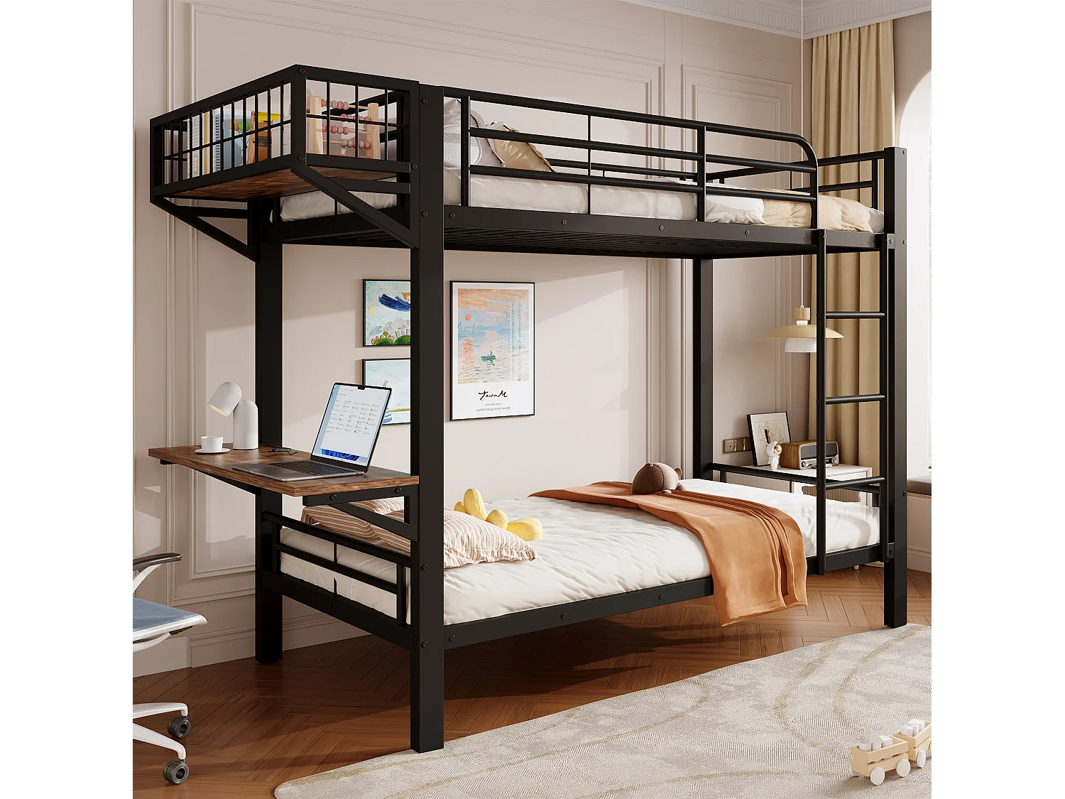 Etagenbett 90 x 200 cm – mit Schreibtisch – mit Sicherheitsgittern – mit Leiter – schwarz (Matratze nicht enthalten)