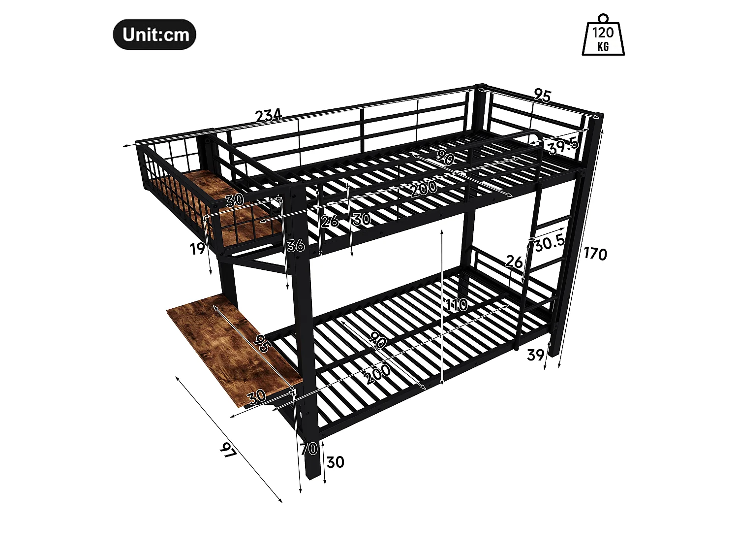 Etagenbett 90 x 200 cm – mit Schreibtisch – mit Sicherheitsgittern – mit Leiter – schwarz (Matratze nicht enthalten)