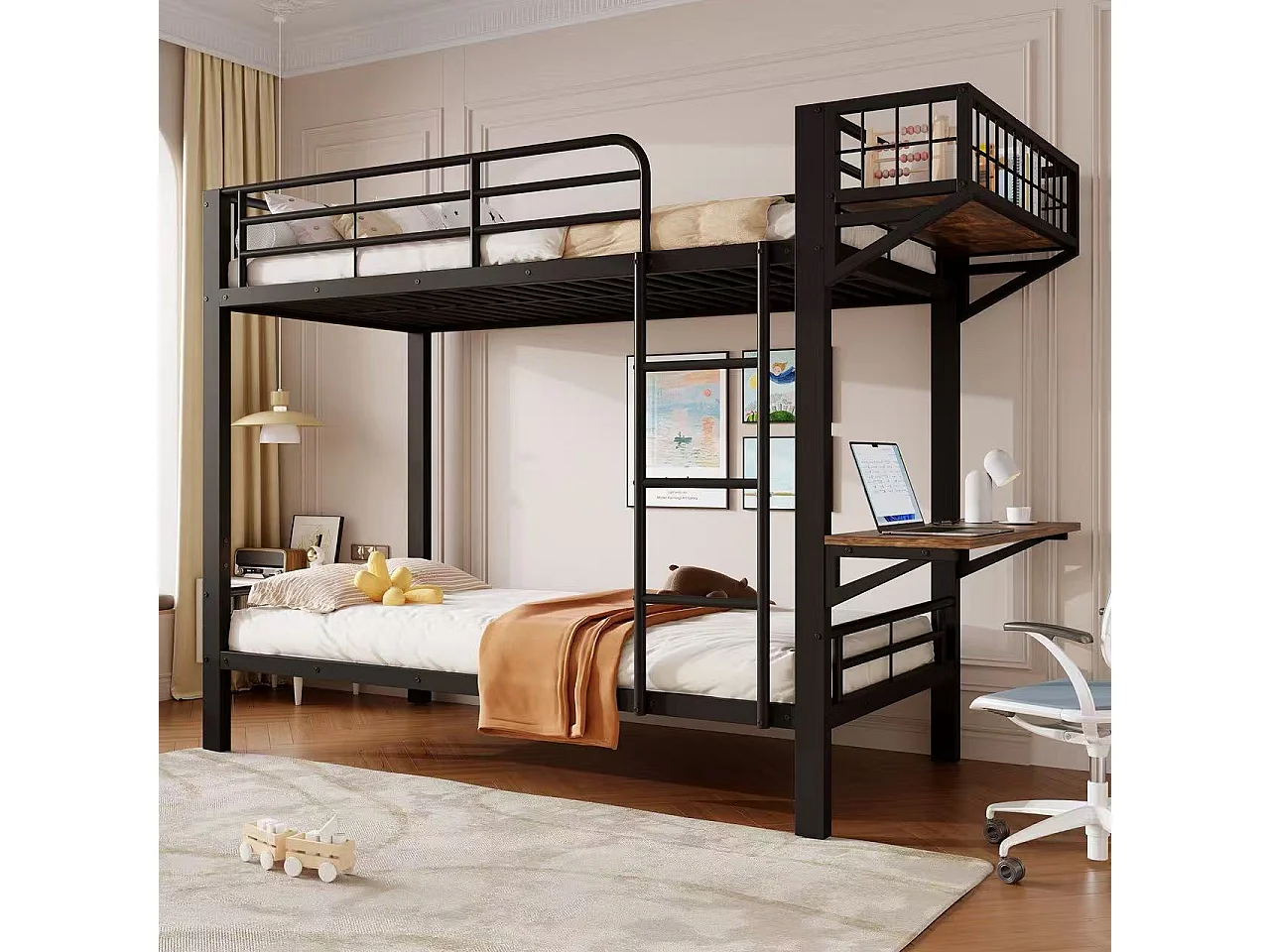 Etagenbett 90 x 200 cm – mit Schreibtisch – mit Sicherheitsgittern – mit Leiter – schwarz (Matratze nicht enthalten)