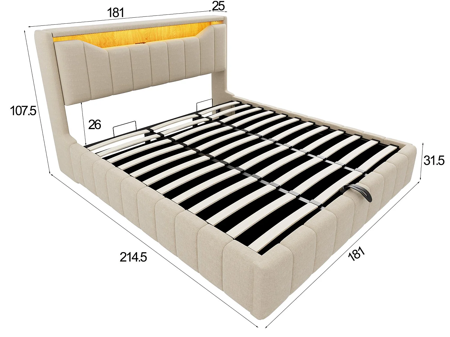 Opbergbed 180x200 cm - Gestoffeerd Volwassen & Kinder Bed, Hydraulische Veren, Ergonomisches Hoofdbord, LED, USB/Type-C en BeIGE Stof