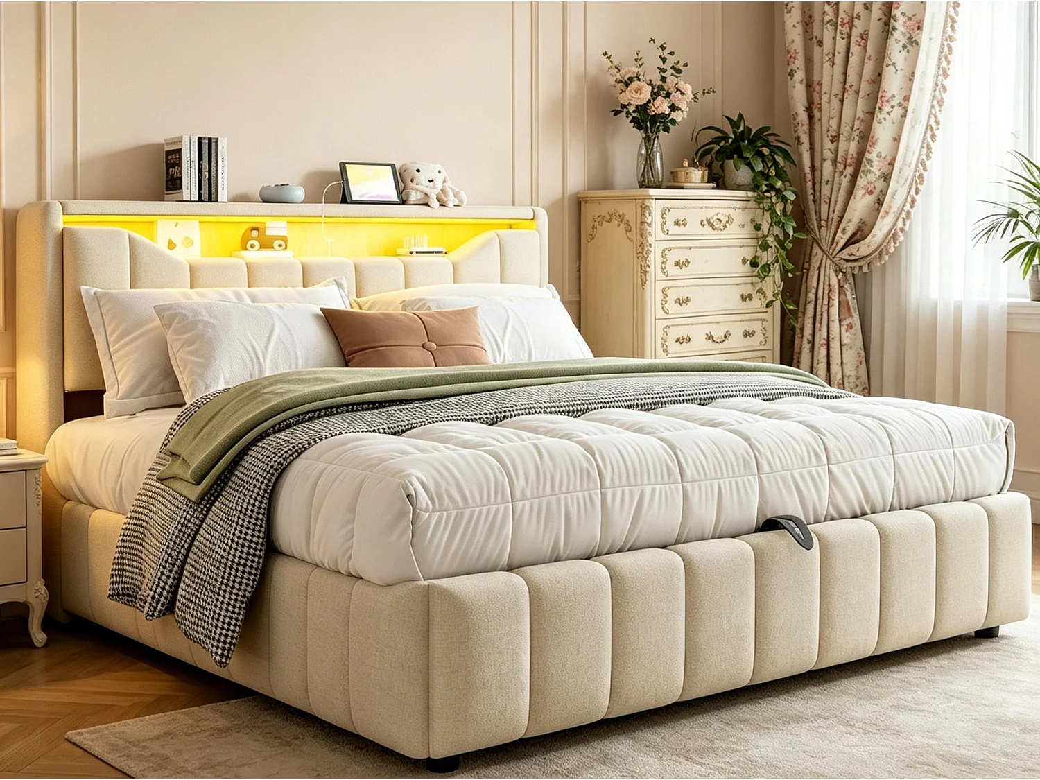 Opbergbed 180x200 cm - Gestoffeerd Volwassen & Kinder Bed, Hydraulische Veren, Ergonomisches Hoofdbord, LED, USB/Type-C en BeIGE Stof
