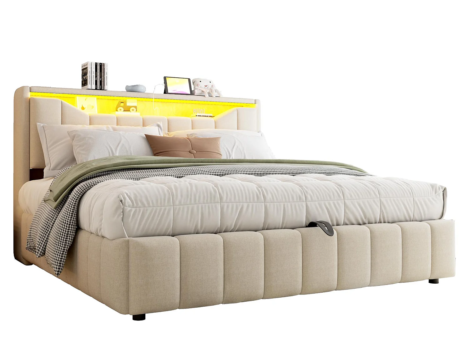 Opbergbed 180x200 cm - Gestoffeerd Volwassen & Kinder Bed, Hydraulische Veren, Ergonomisches Hoofdbord, LED, USB/Type-C en BeIGE Stof