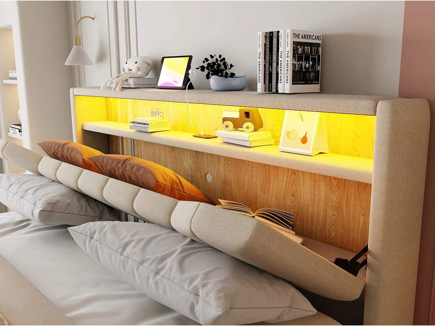 Opbergbed 180x200 cm - Gestoffeerd Volwassen & Kinder Bed, Hydraulische Veren, Ergonomisches Hoofdbord, LED, USB/Type-C en BeIGE Stof