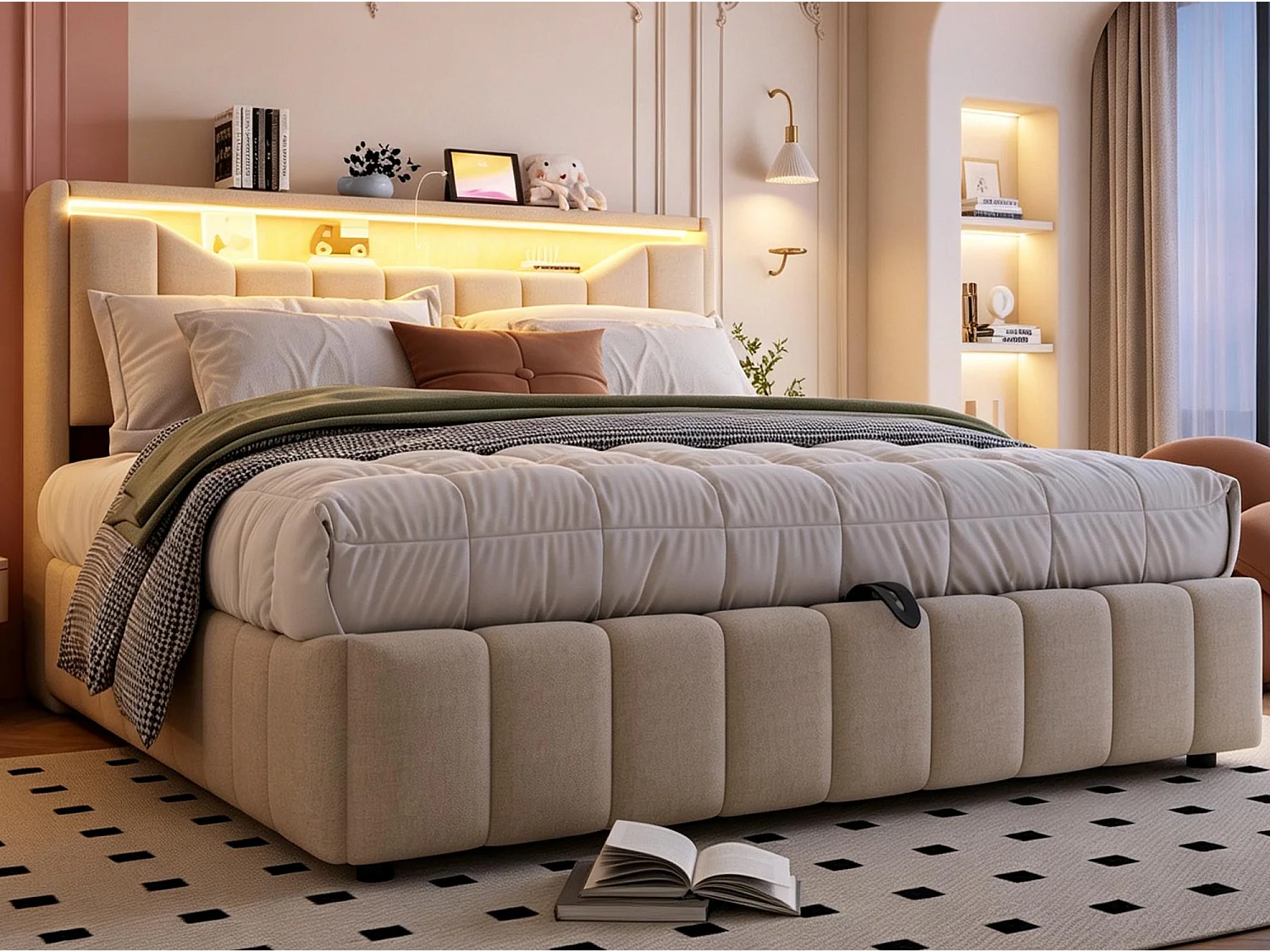 Opbergbed 180x200 cm - Gestoffeerd Volwassen & Kinder Bed, Hydraulische Veren, Ergonomisches Hoofdbord, LED, USB/Type-C en BeIGE Stof