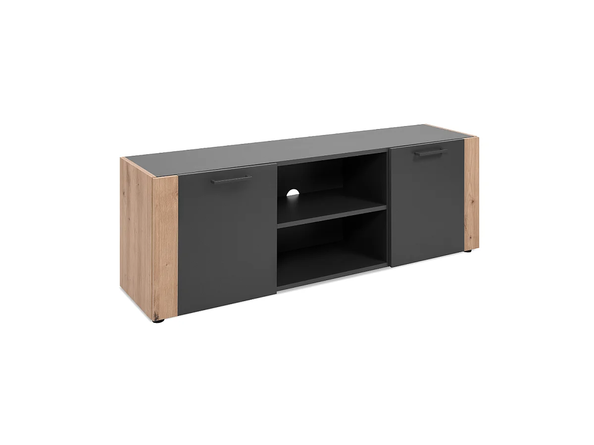 Mobile TV 2 porte, 2 nicchie aperte decorato grigio antracite e rovere artigianale L138 cm - LUMA