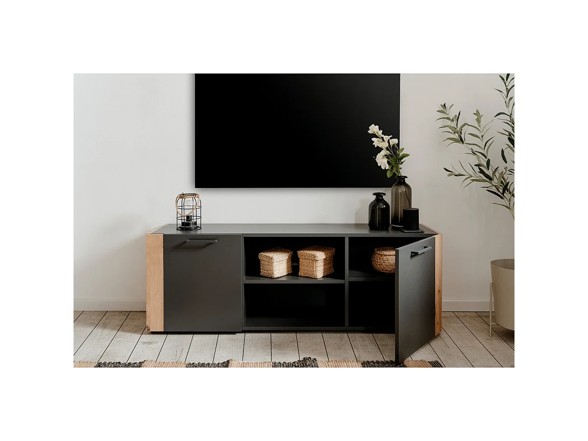 Mobile TV 2 porte, 2 nicchie aperte decorato grigio antracite e rovere artigianale L138 cm - LUMA