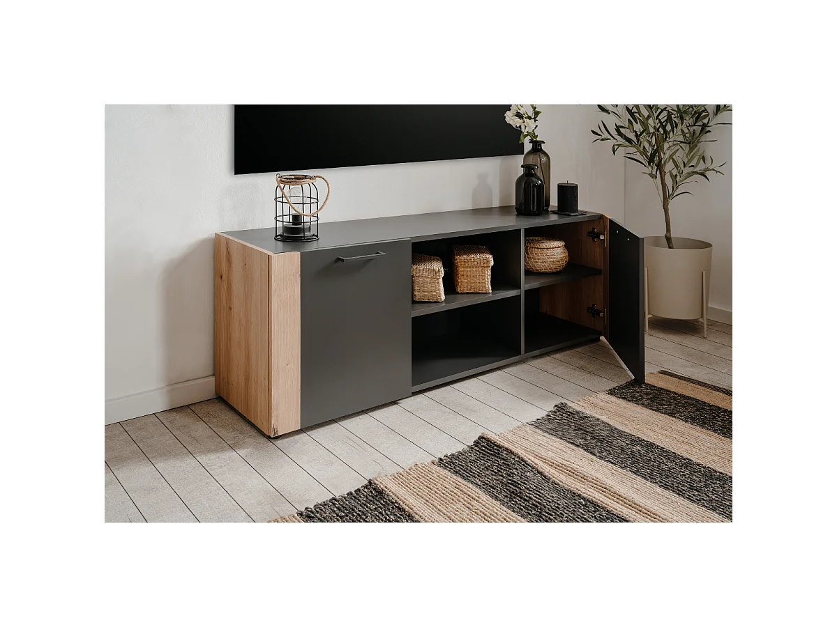 Mobile TV 2 porte, 2 nicchie aperte decorato grigio antracite e rovere artigianale L138 cm - LUMA