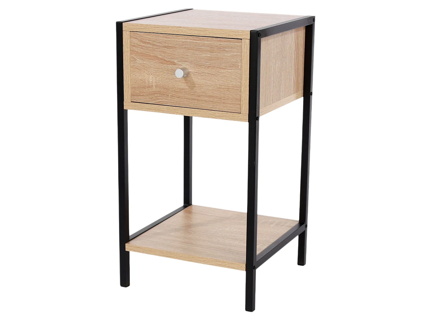 Kelly One-Drawer Compact Bedside Cabinet, Oak Effect with Metal Side Frame