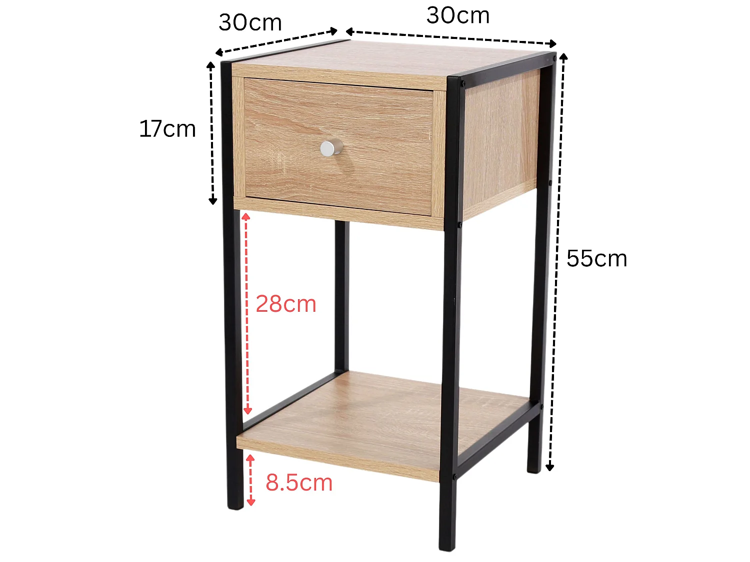 Kelly One-Drawer Compact Bedside Cabinet, Oak Effect with Metal Side Frame