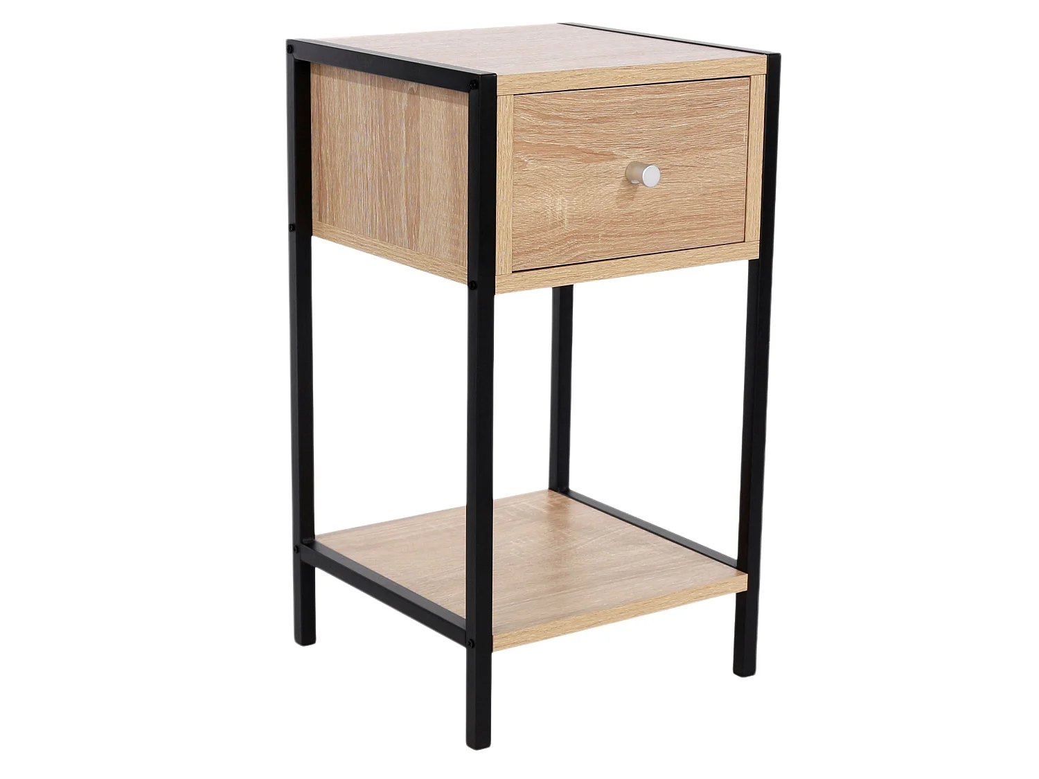 Kelly One-Drawer Compact Bedside Cabinet, Oak Effect with Metal Side Frame