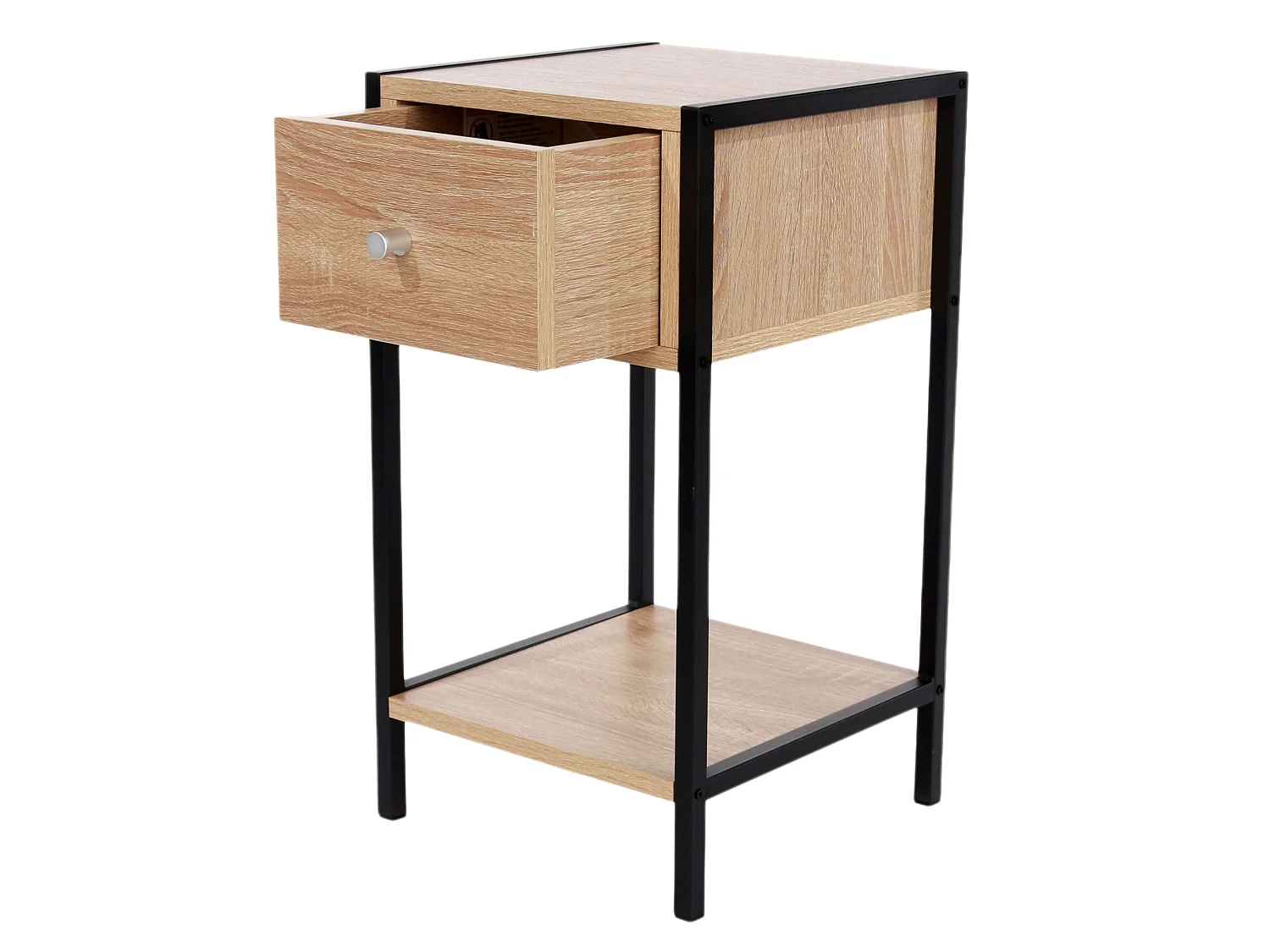 Kelly One-Drawer Compact Bedside Cabinet, Oak Effect with Metal Side Frame