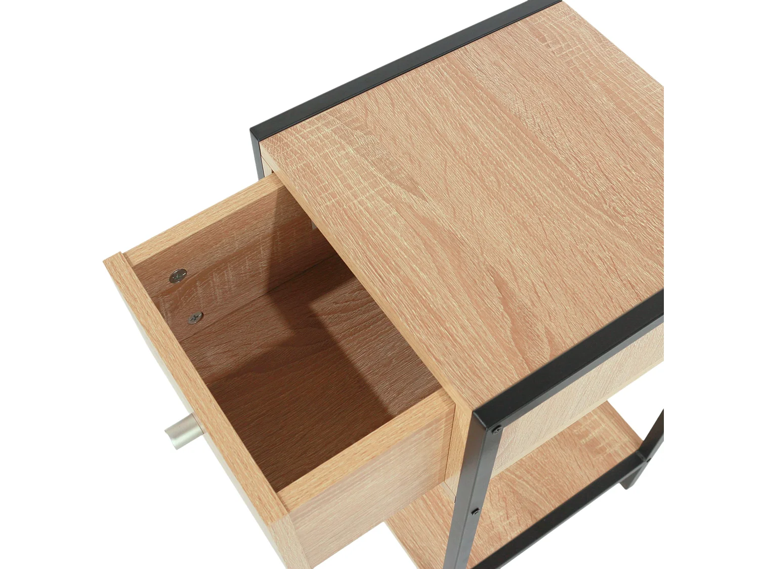 Kelly One-Drawer Compact Bedside Cabinet, Oak Effect with Metal Side Frame