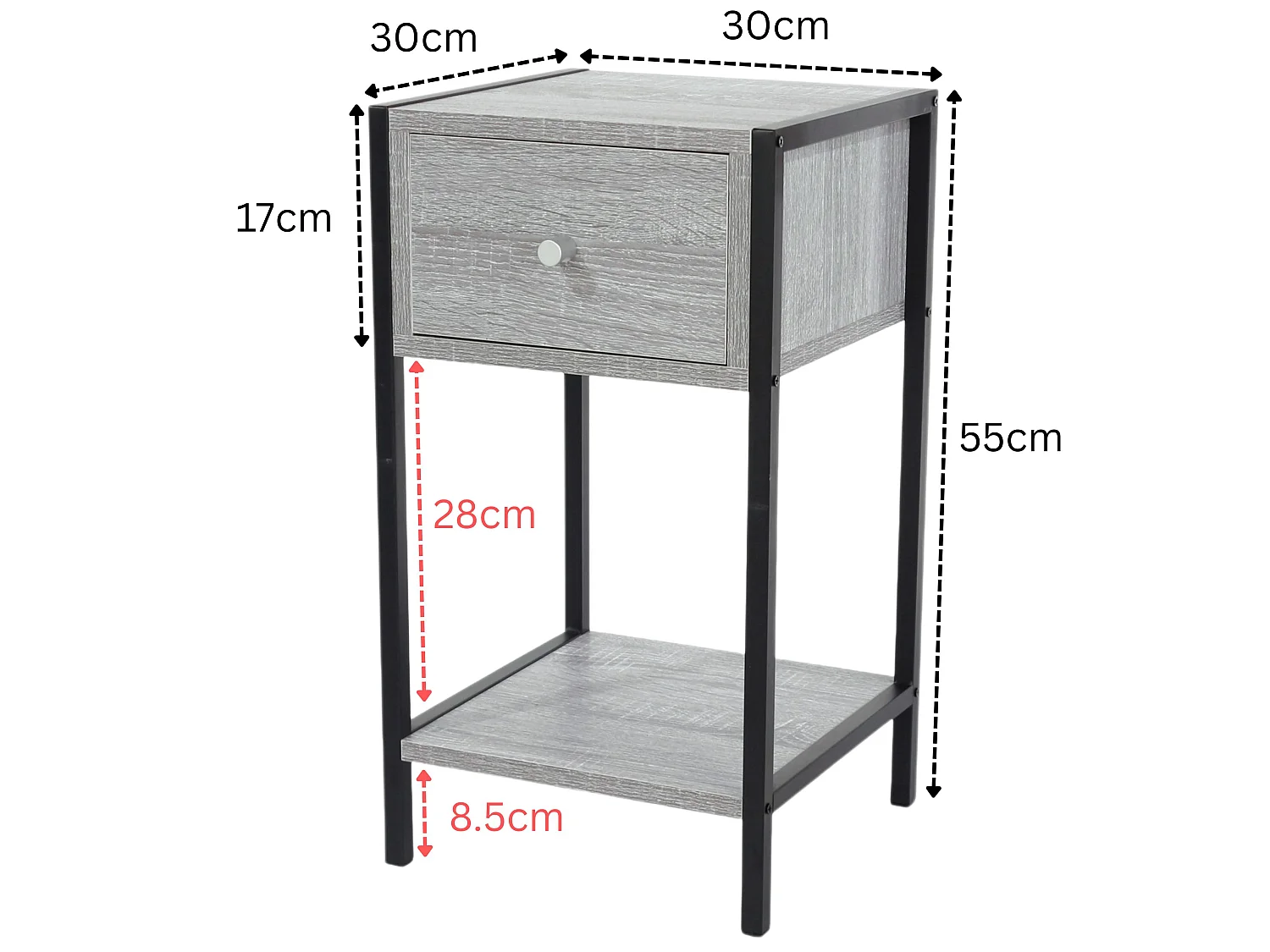 Kelly One-Drawer Compact Bedside Cabinet, Grey-Oak Effect with Metal Side Frame
