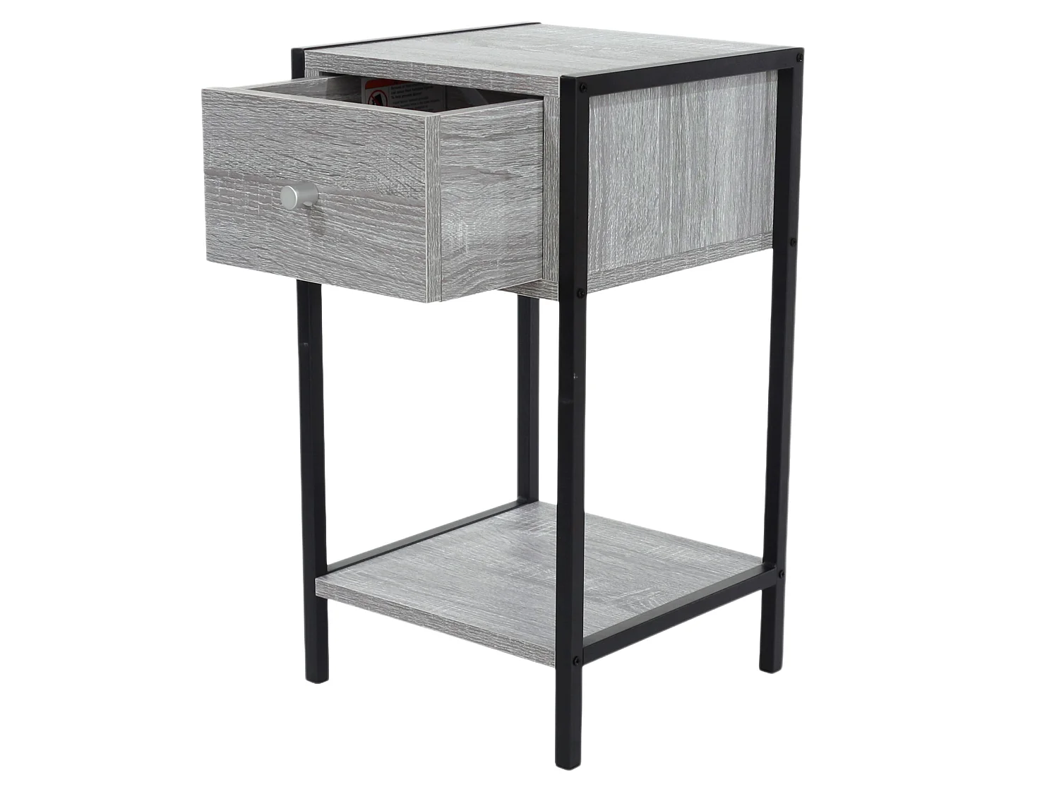 Kelly One-Drawer Compact Bedside Cabinet, Grey-Oak Effect with Metal Side Frame