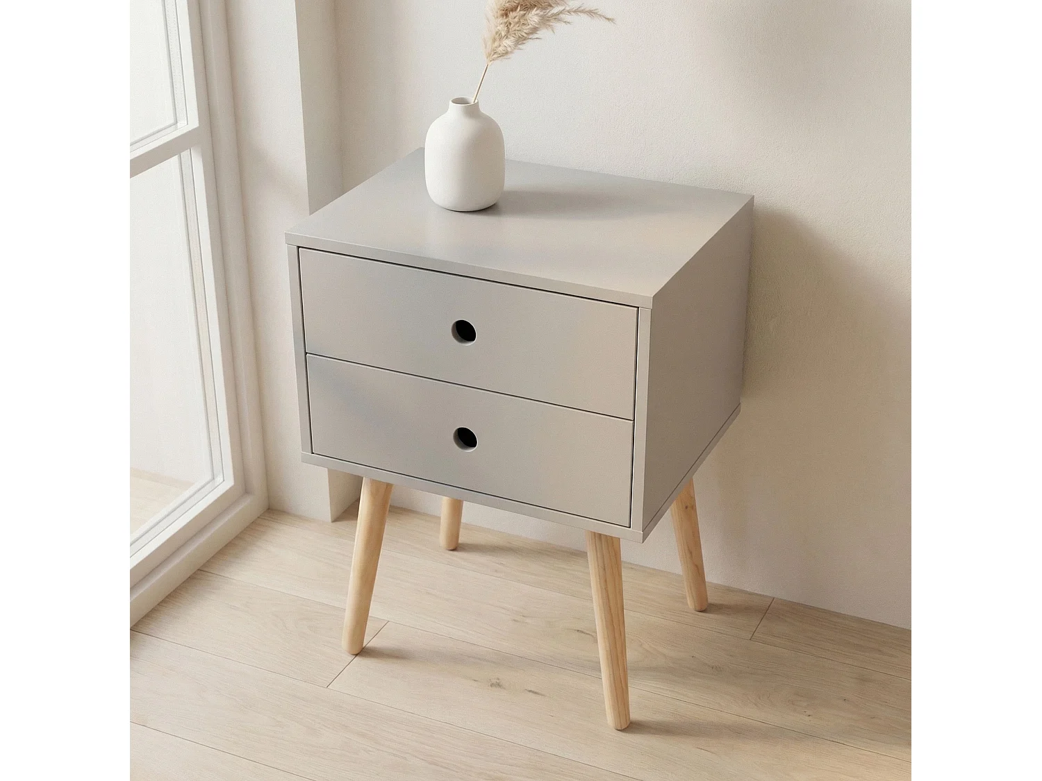 Scandia, 2 Drawer & Wood Legs Bedside Cabinet, Pack Of 2