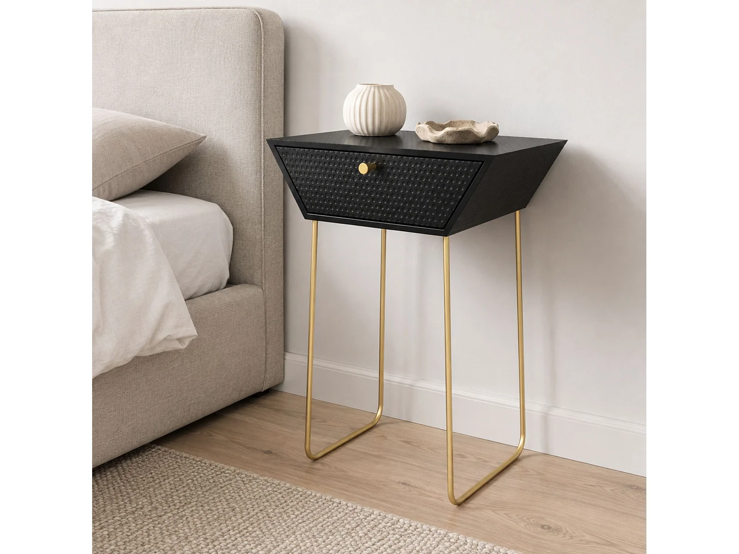 Apollo Metal 1 Drawer Bedside Cabinet, Black With Gold Handle And Legs