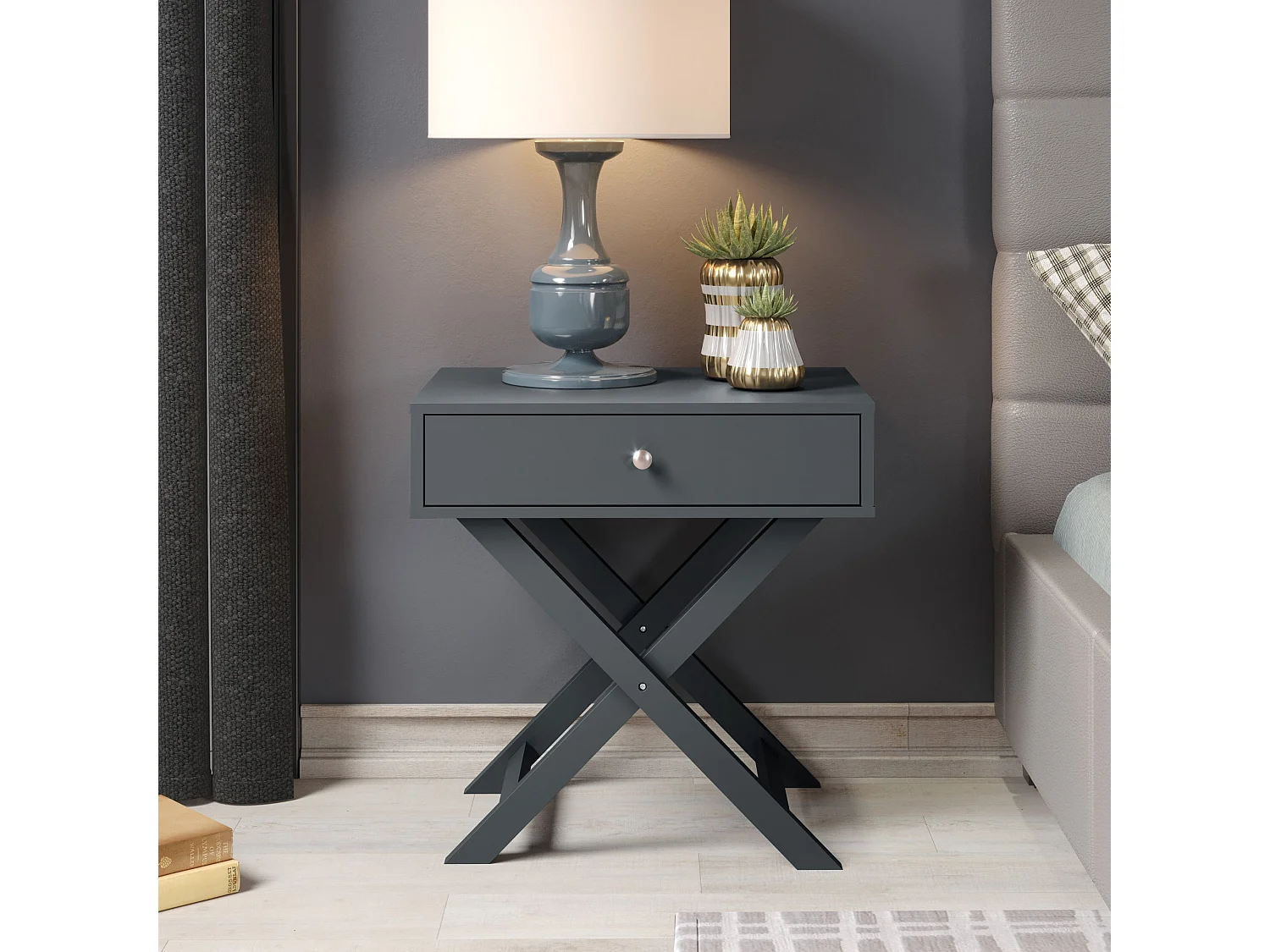 Pair of Options 1-Drawer Modern Bedside Cabinets, X-Leg Frame, Set of 2
