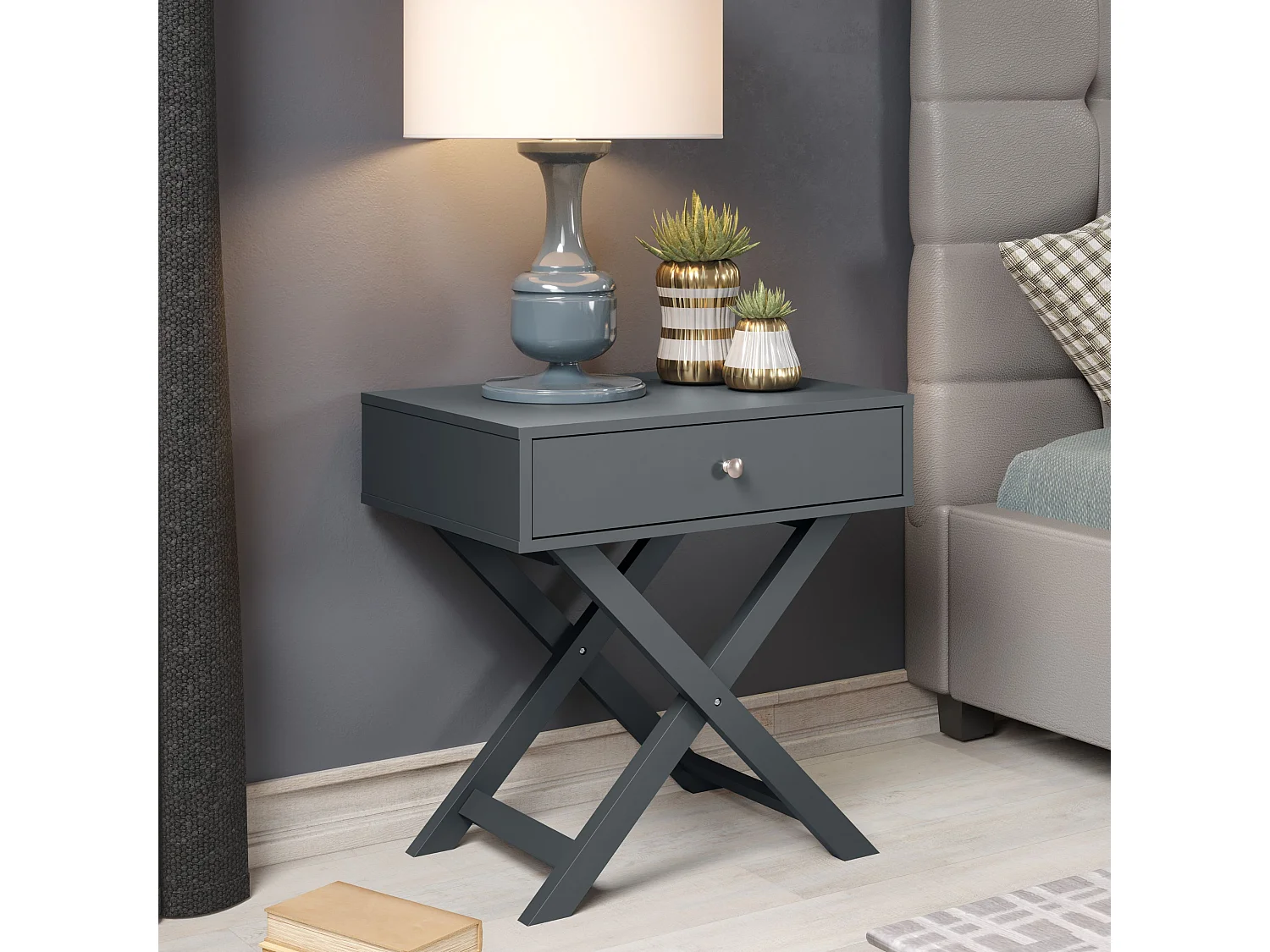 Pair of Options 1-Drawer Modern Bedside Cabinets, X-Leg Frame, Set of 2