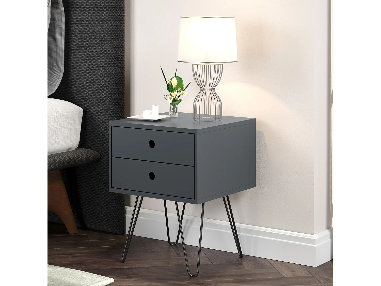 Pair of Telford 2-Drawer Modern Bedside Cabinets, Metal Hairpin Legs, Set of 2
