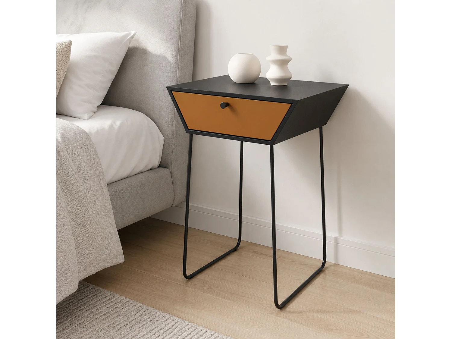 Apollo Metal 1 Drawer Bedside Cabinet, Copper Drawer, Black Cabinet, Handle And Legs