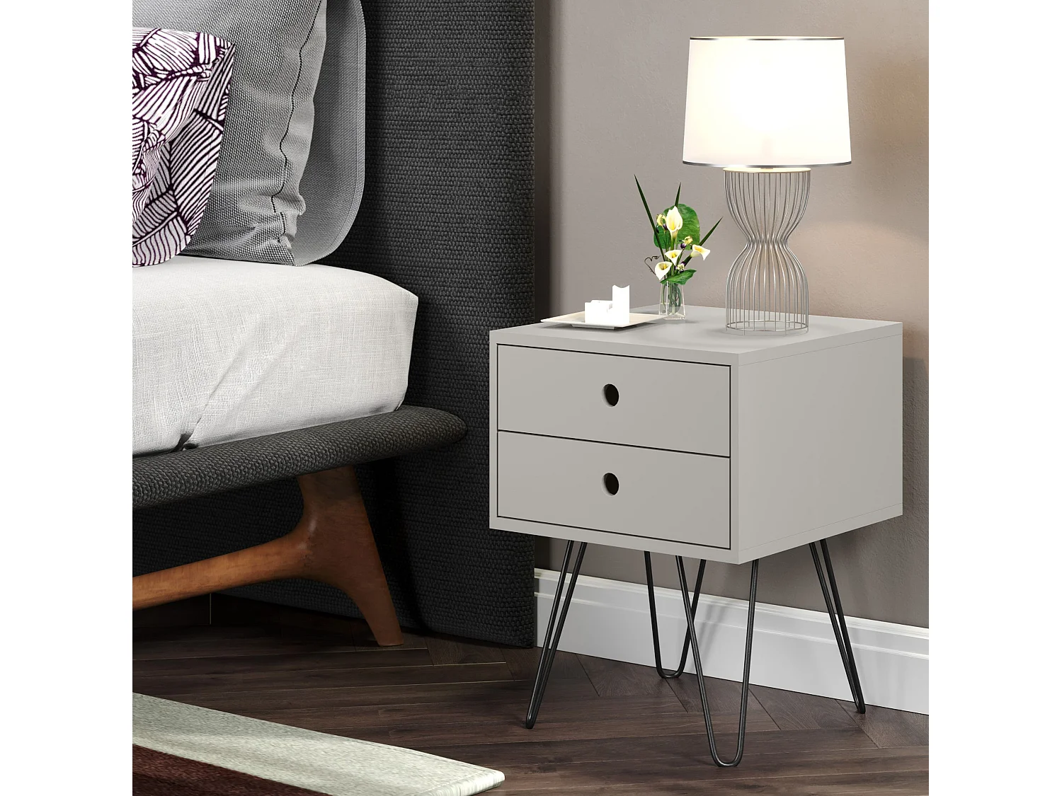 Pair of Telford 2-Drawer Modern Bedside Cabinets, Metal Hairpin Legs, Set of 2