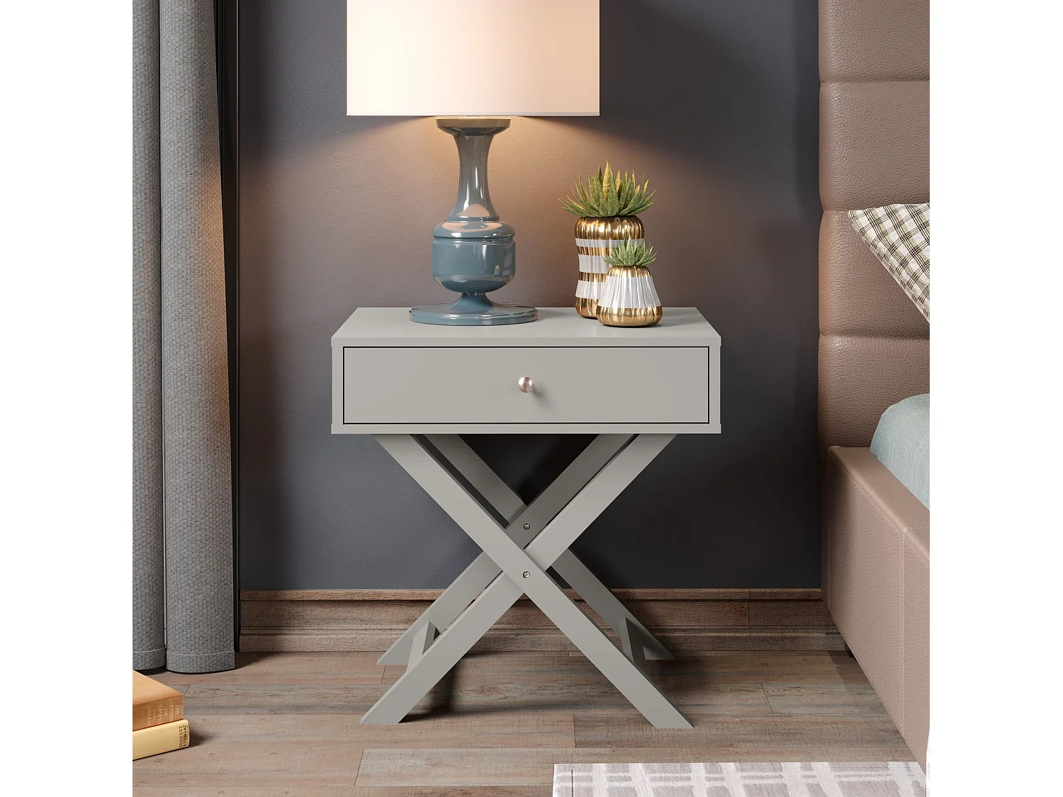 Pair of Options 1-Drawer Modern Bedside Cabinets, X-Leg Frame, Set of 2