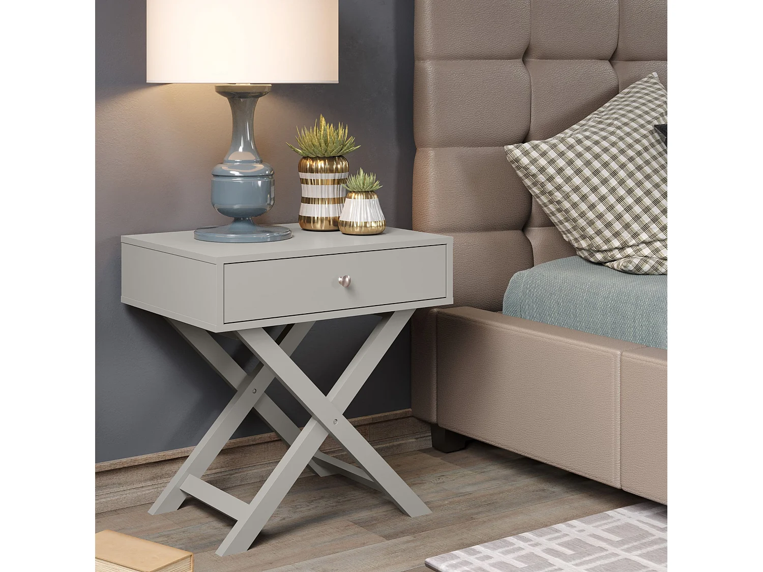 Pair of Options 1-Drawer Modern Bedside Cabinets, X-Leg Frame, Set of 2