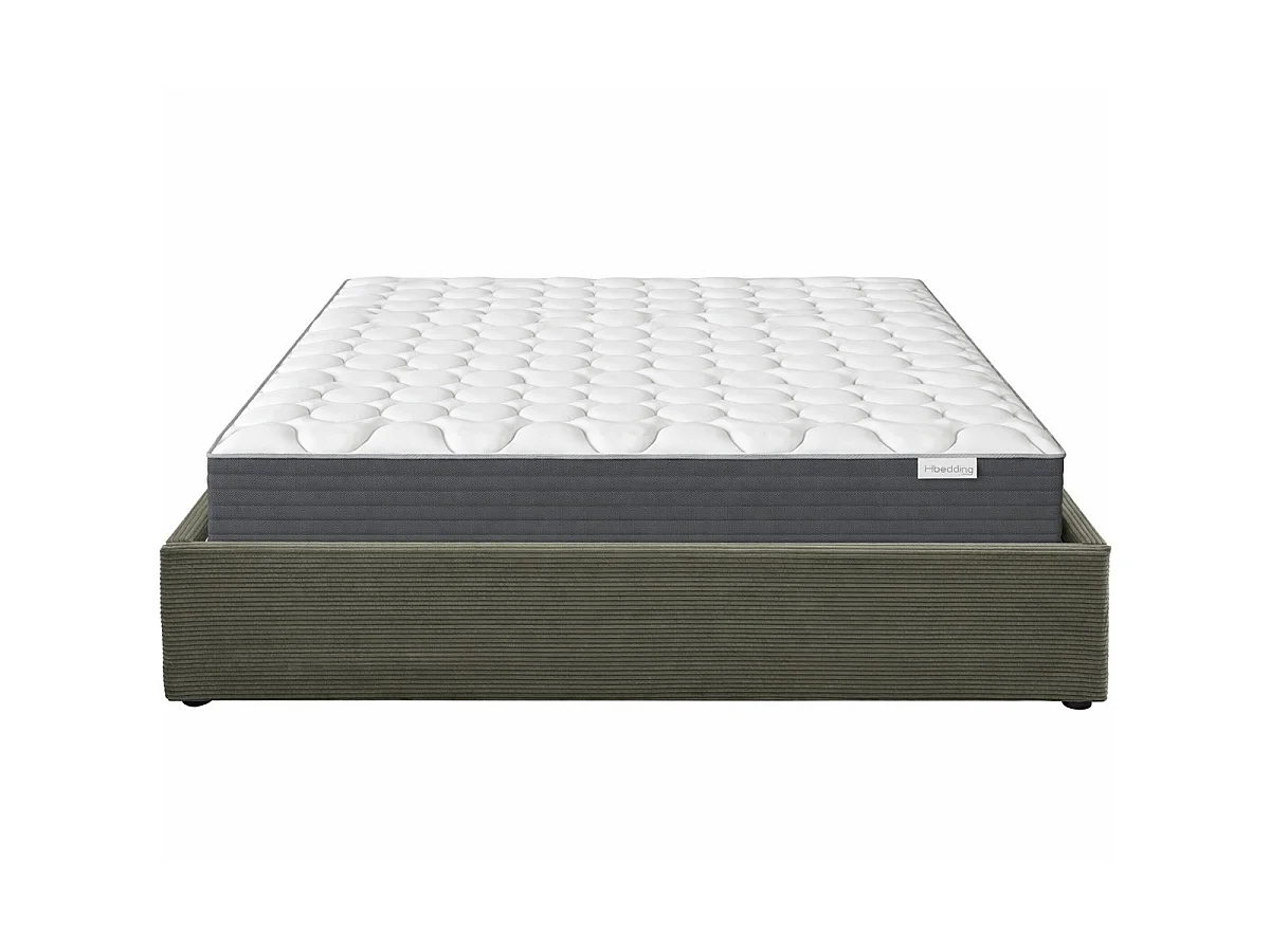 Ensemble Lit coffre adulte 180x200cm en velours côtelé vert avec sommier - Handy + Matelas mémoire de forme - Memo HR