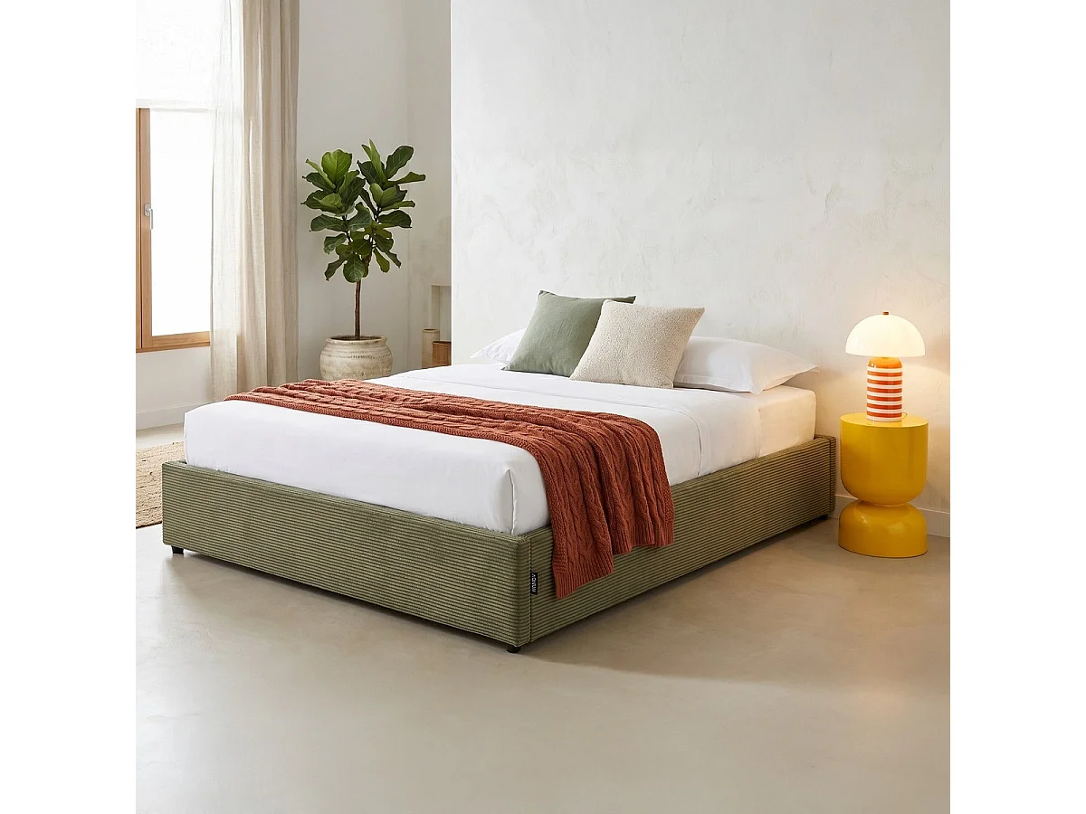 Ensemble Lit coffre adulte 180x200cm en velours côtelé vert avec sommier - Handy + Matelas mémoire de forme - Memo HR