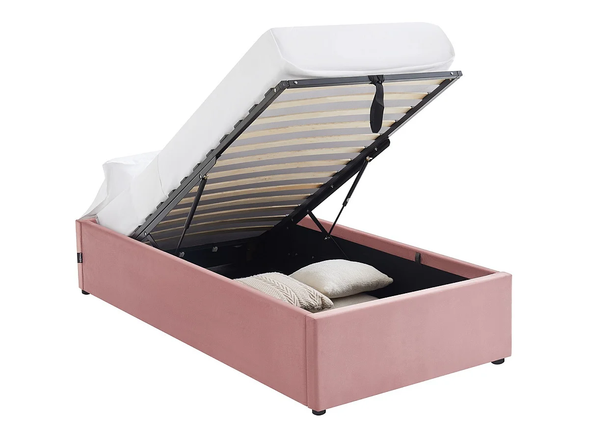 Ensemble Lit coffre adulte 90x190cm en velours rose avec sommier - Handy + Matelas mémoire de forme - Memo HR