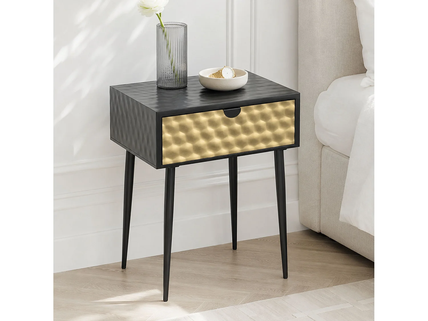 Jupiter Metal 1 Drawer Bedside Cabinet, Gold Drawer With Black Handle And Legs