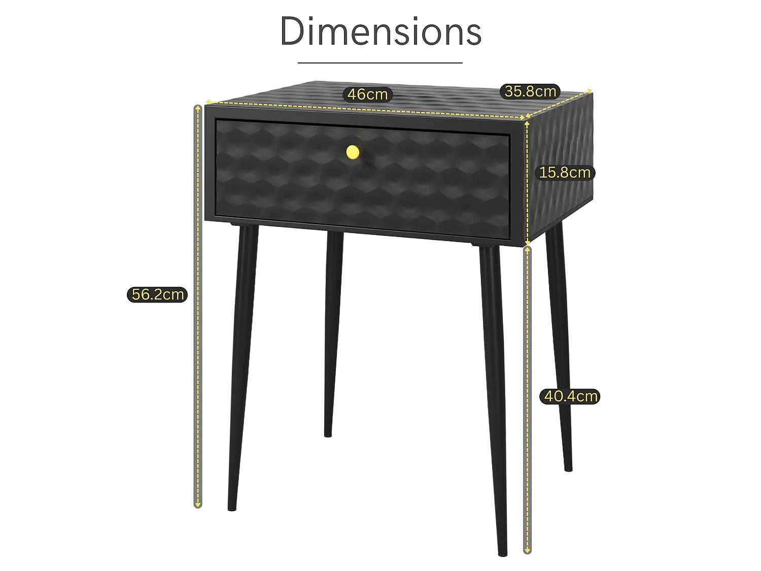 Saturn Metal 1 Drawer Bedside Cabinet, Black With Gold Handle