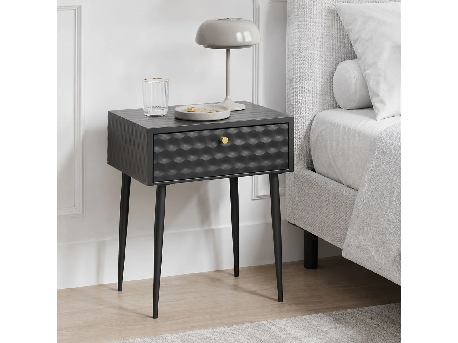 Saturn Metal 1 Drawer Bedside Cabinet, Black With Gold Handle