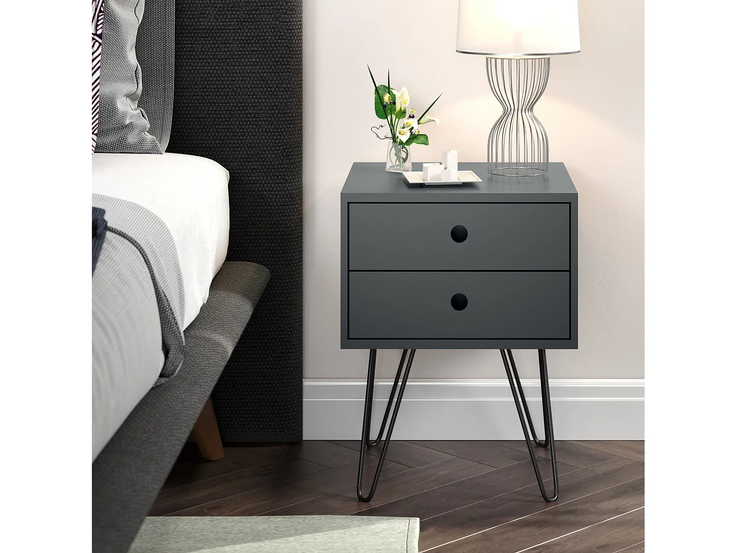 Telford 2-Drawer Modern Bedside Cabinet, Metal Hairpin Legs