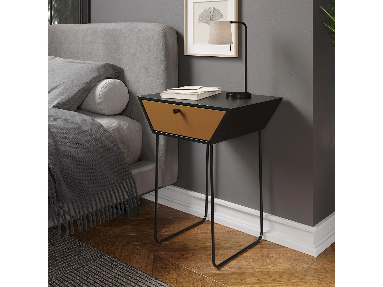 Pair of Apollo Metal 1 Drawer Bedside Cabinets, Copper Drawer, Black Cabinet, Handle and Legs, Set Of 2