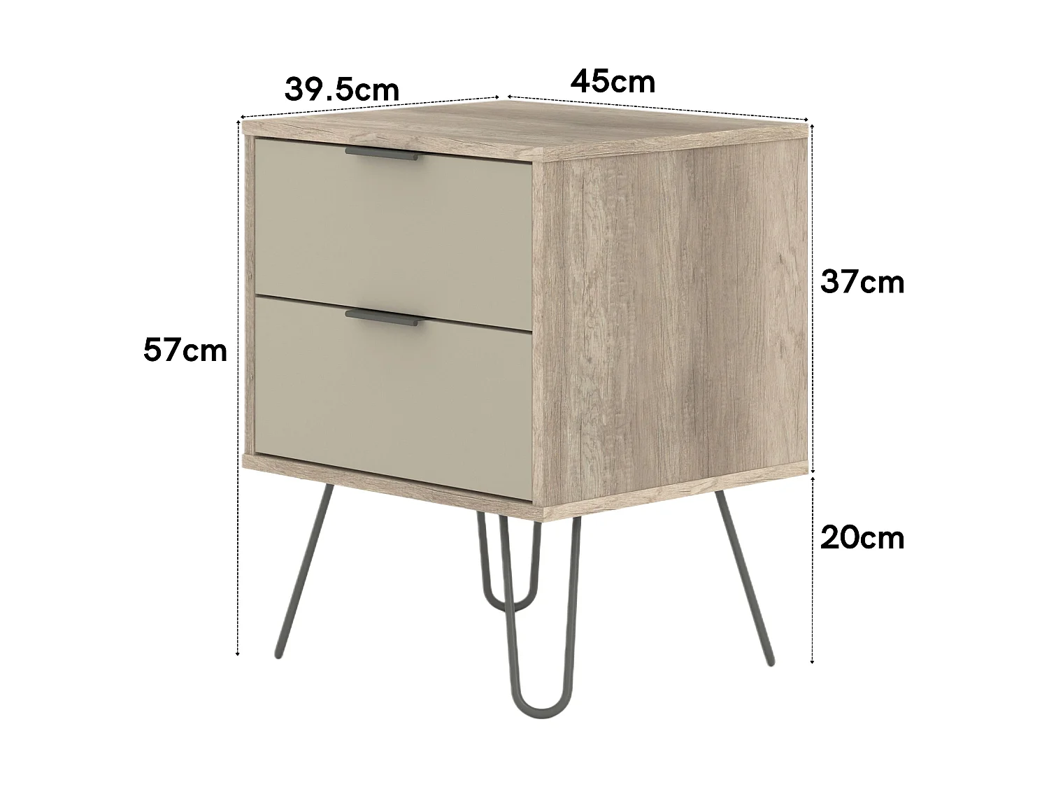 Augusta 2-Drawer Industrial Bedside Cabinet, Hairpin Legs