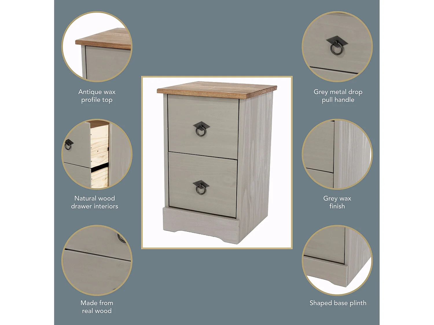 Corona Grey Modern 2-Drawer Compact Bedside Cabinet