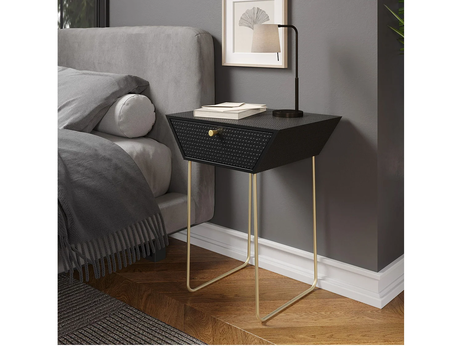 Pair of Apollo Metal 1 Drawer Bedside Cabinets, Black with Gold Handle and Legs, Set Of 2