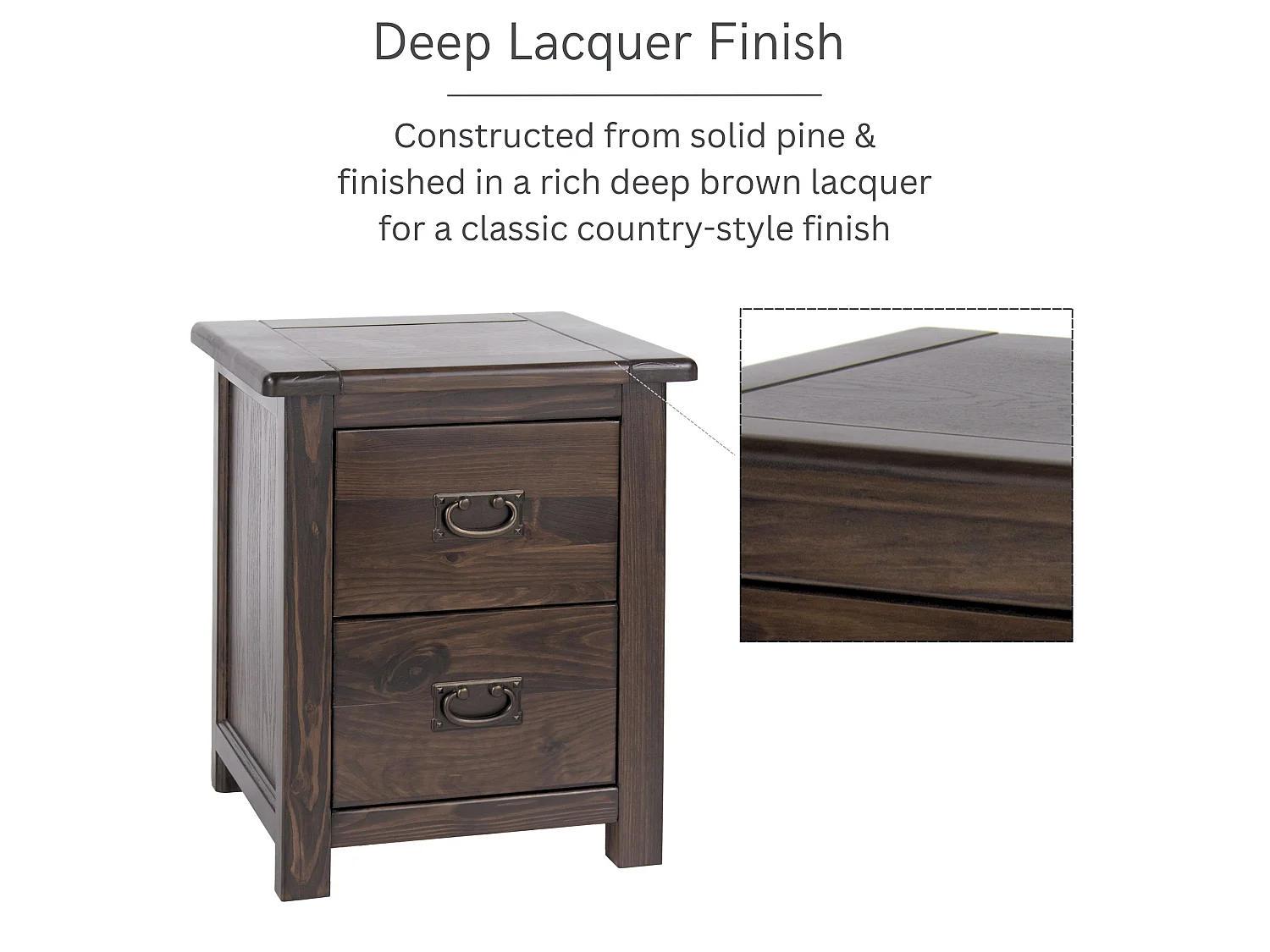 Boston Rustic 2-Drawer Spacious Bedside Cabinet, Brown Lacquer