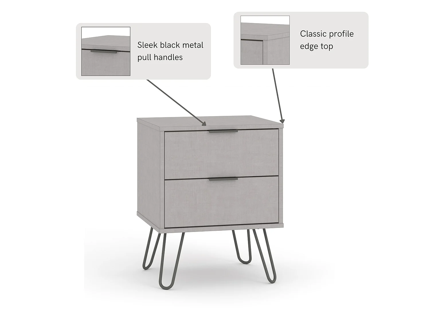 Augusta 2-Drawer Industrial Bedside Cabinet, Hairpin Legs