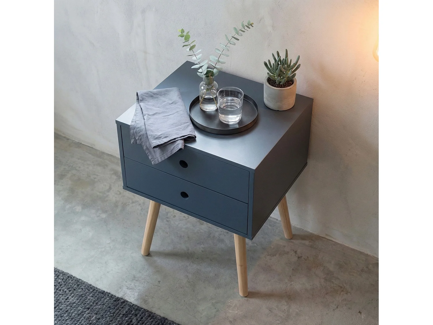 Scandia 2-Drawer Modern Bedside Cabinet, Natural Wood Legs
