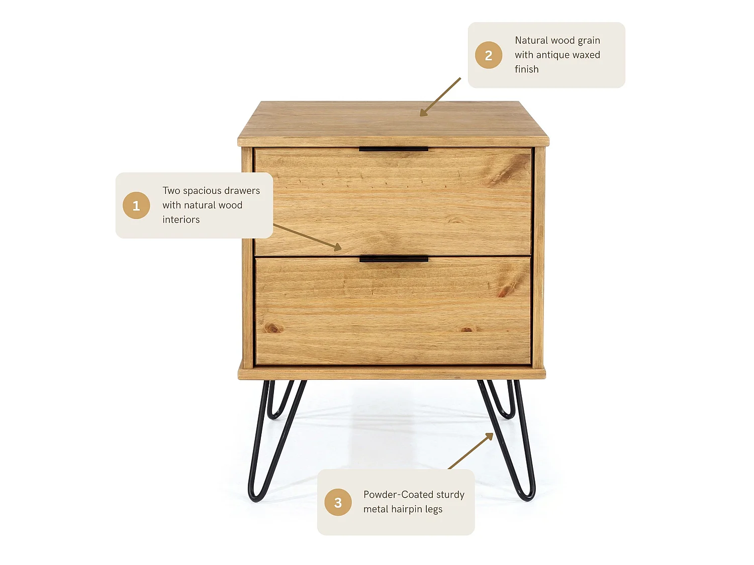 Augusta 2-Drawer Industrial Bedside Cabinet, Hairpin Legs